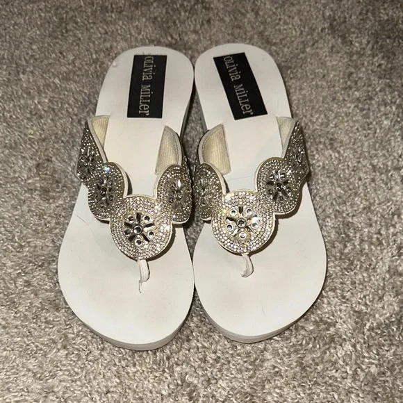 Olivia Miller Silver and White Embellished Sandals - Picture 1 of 5